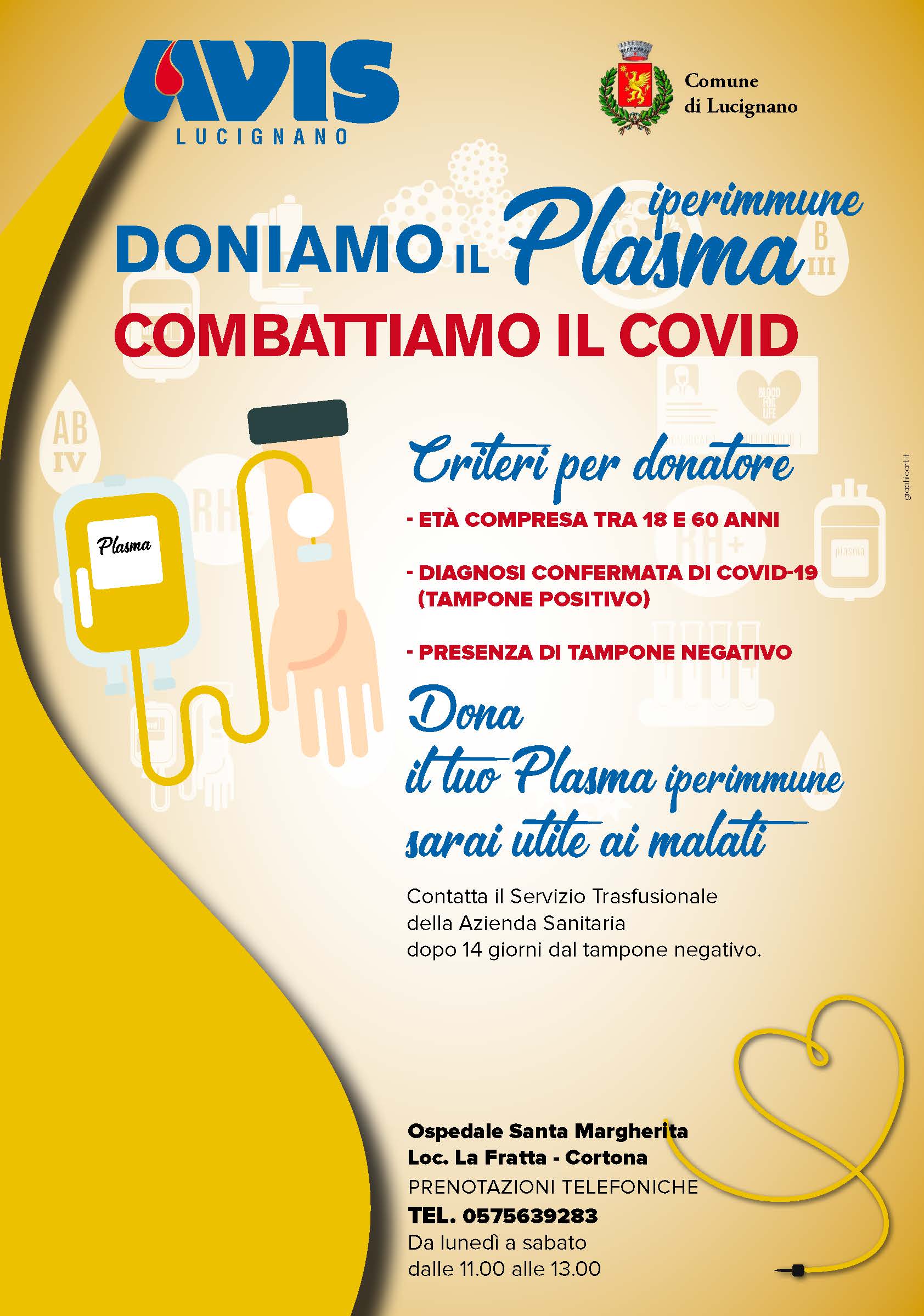 Plasma iperimmune. Possibili le donazioni presso il servizio trasfusionale dell'Ospedale Santa Margherita di Cortona