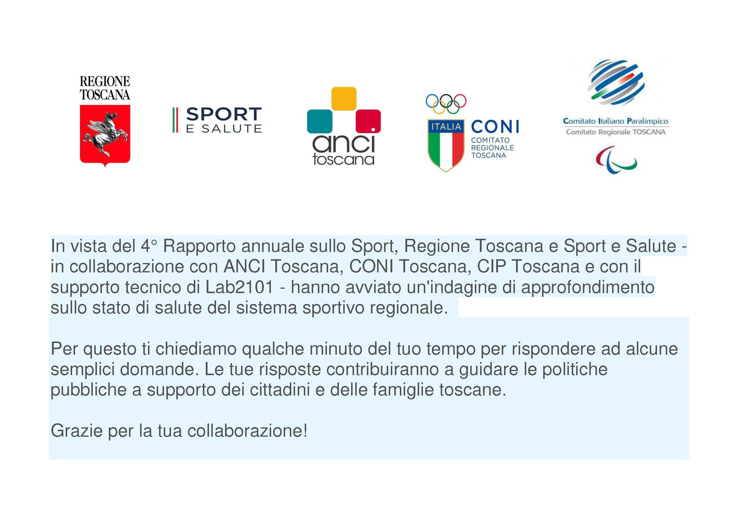 Questionario di Regione Toscana sullo sport ai tempi del Covid-19